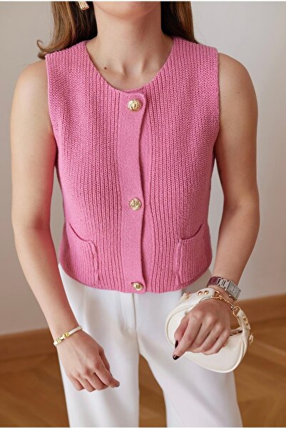 FEMMESTUDIO Women's Pink Gold Button Detailed Front Two Pocket Knitted Vest