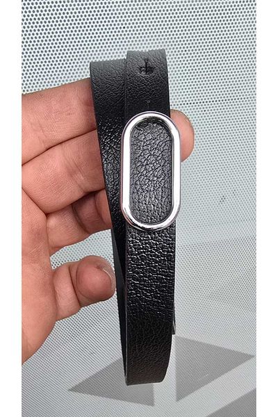 Kemerix 100% Genuine Leather Silver Buckle Thin Black-Navy Blue 2-Piece Belt Set