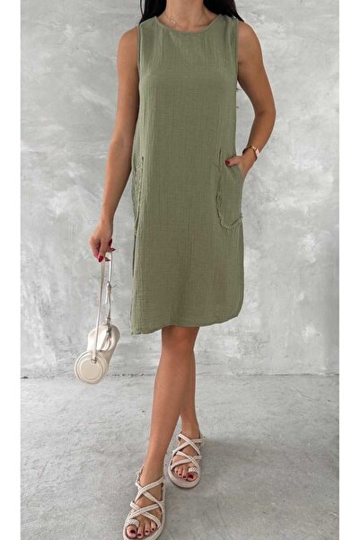 MODA Kadın Bisiklet Yaka Müslim Keten Cep Detaylı Diz Üstü Elbise