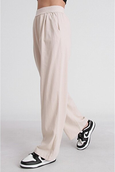 FEMMESTUDIO Kadın Krem Bel Detaylı Keten Pantolon