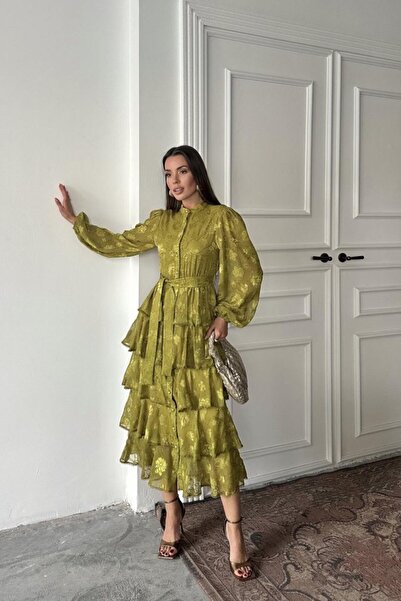 buğrahayalin Oil Green Wallpapered Striped Layered Dress