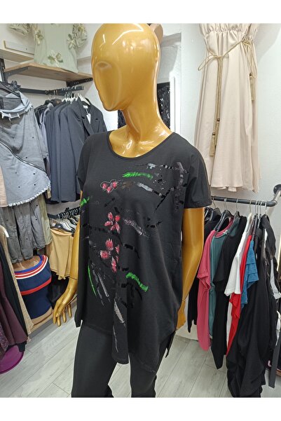 MODA Large Size Flexible Fabric Crew Neck Front Printed Blouse