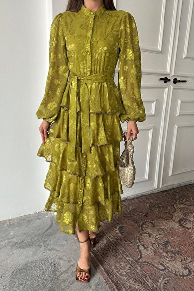 buğrahayalin Oil Green Wallpapered Striped Layered Dress