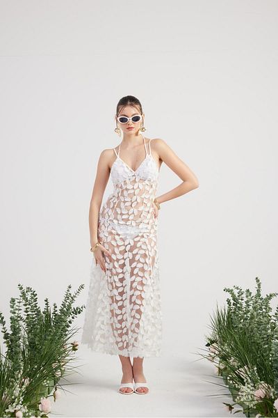 HOLLY LOLLY Custom Made Leaf Fabric Long Beatriz Dress White