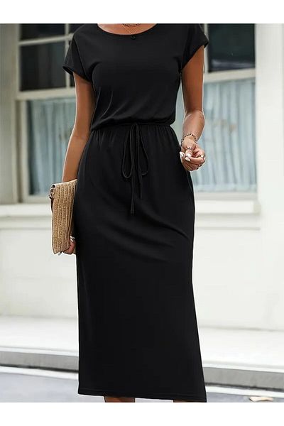 Kokosh moda Γυναικείο κοντομάνικο φόρεμα μίντι βισκόζης με ανοιχτό γιακά και ζώνη στη μέση