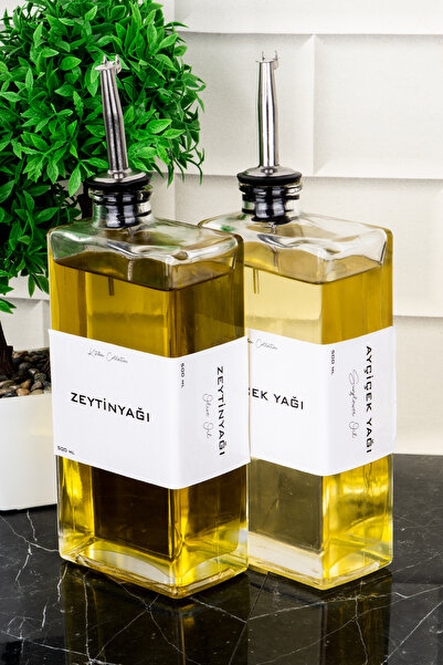 DNS HOME 2-Piece Glass Oil Pot 500 ml Silver Lid Oil Pot Set Sunflower Olive Oil Labeled Sauce Bowl Vinegar Bowl