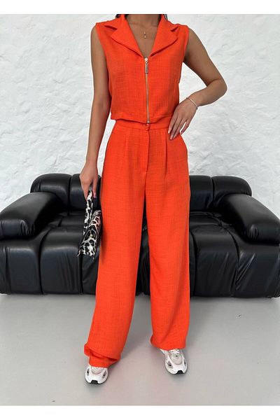 Nisa Luxury Boutique Women's Front Zipper Detailed Natural Fabric Double Suit