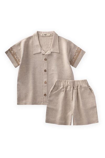 Cigit Embroidered Sleeves Shirt Shorts Linen Set 2-7 Years Natural