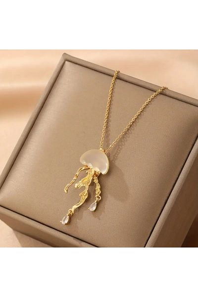 Takıtolia Jellyfish Gold-Tone Teardrop Zirconia Bohemian Stainless Steel Stylish Design Pendant with Jellyfish Figure