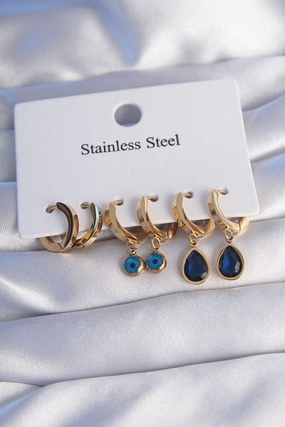 Skygo 316L Steel Gold Color Oval Design Blue Zircon Stone Drop Model Earring Set - Tj-Bkp9028