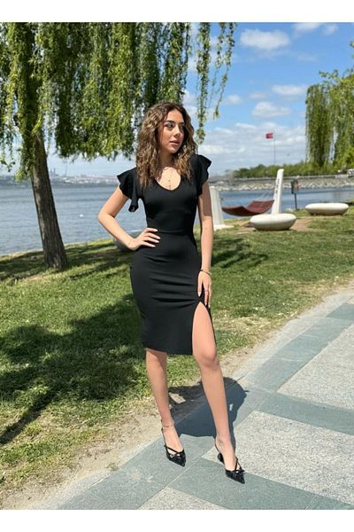 İpeksi Silky Women's Short Sleeve V Neck Flounced Sleeves Side Slit Short Janjan Crepe Dress