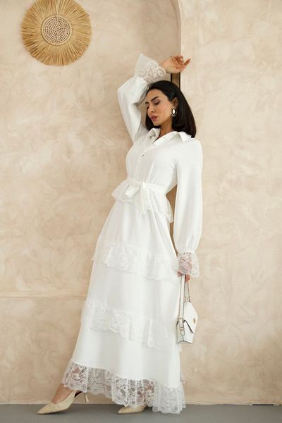 WellWay Atlas Fabric & Lace Detailed Shirt Collar Buttoned White Dress (Belt Included)-2526