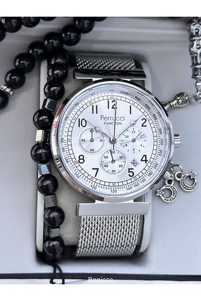 Ferrucci Men's Wrist Watch and Bracelet Rosary - Silver Color, Steel Band, Brand Gift