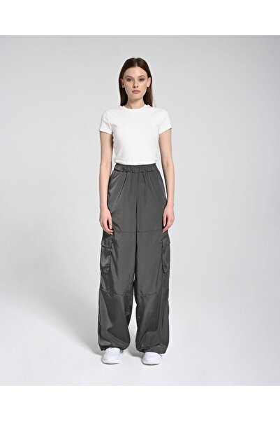 Monolou Beli Lastikli Paçası Lastikli Yandan Cepli Kargo Pantolon Siyah