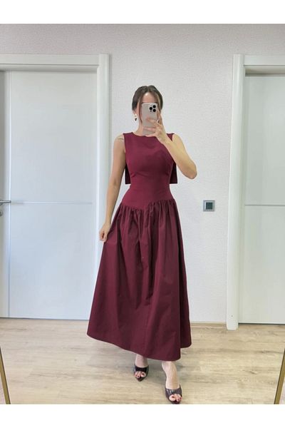Deridün Yıldız Shoes Long Dress with Wings on the Back - Burgundy