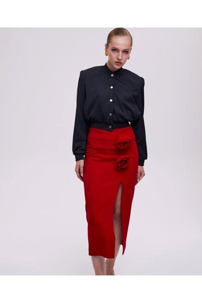 NK Red Slit Pencil Detachable Rose Detailed Skirt