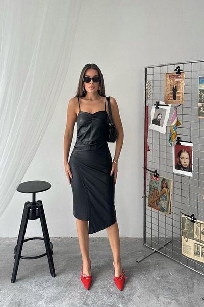 modaserdem Black Pleated Short Leather Dress