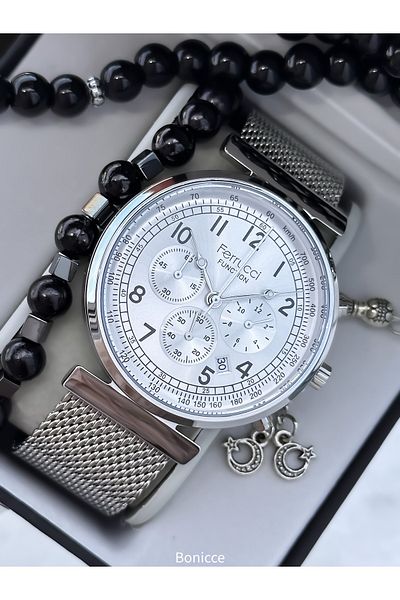 Ferrucci Men's Wrist Watch and Bracelet Rosary - Silver Color, Steel Band, Brand Gift