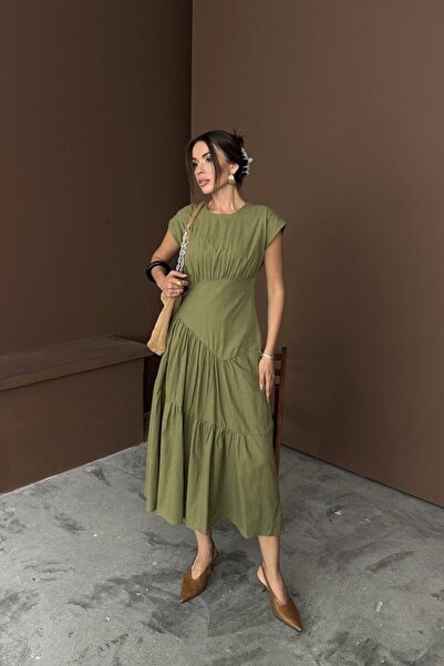Viyamo Khaki Drawstring Detailed Linen Dress