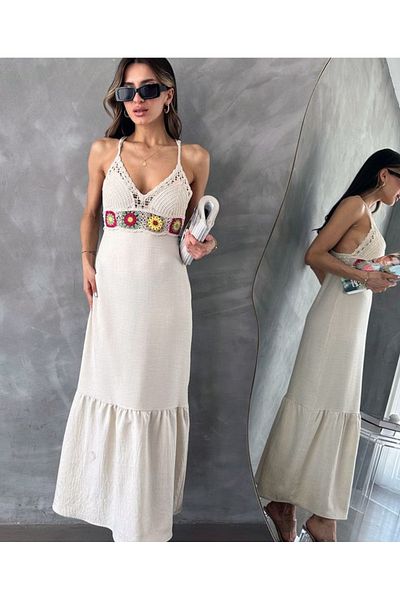 TOPSHOW Πλεκτό Λεπτομερές Μπουστάκι Φόρεμα με μακριά λουριά