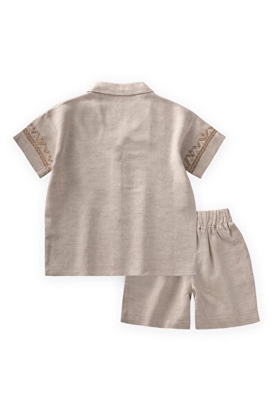 Cigit Embroidered Sleeves Shirt Shorts Linen Set 2-7 Years Natural