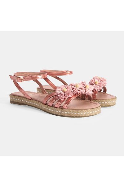 Desa Women's Pink Adjustable Buckle Metallic Leather Sandals with Flower Detail