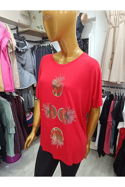 MODA Large Size Red Stretchy Fabric Front Printed Blouse with Crew Neck