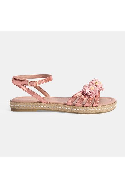 Desa Women's Pink Adjustable Buckle Metallic Leather Sandals with Flower Detail