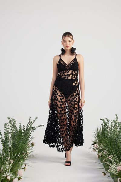 HOLLY LOLLY Custom Made Leaf Fabric Long Beatriz Dress Black