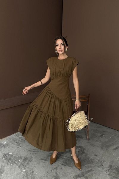 JANES Brown Drawstring Detailed Linen Dress