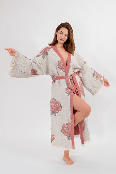 Befera Design Muslin Kimono 100% Cotton Frida Patterned Jacquard Bathrobe Kaftan Dressing Gown