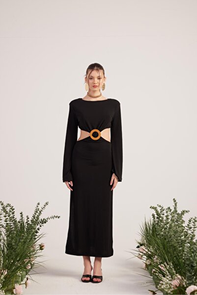 HOLLY LOLLY Esnek Kumaş Sırt Dekolteli Uzun Cameron Elbise Siyah