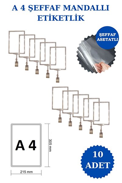Manken İstanbul 10 Adet Şeffaf A4 Mandallı Fiyat Etiketi Sepet Etiketi Çerçev...
