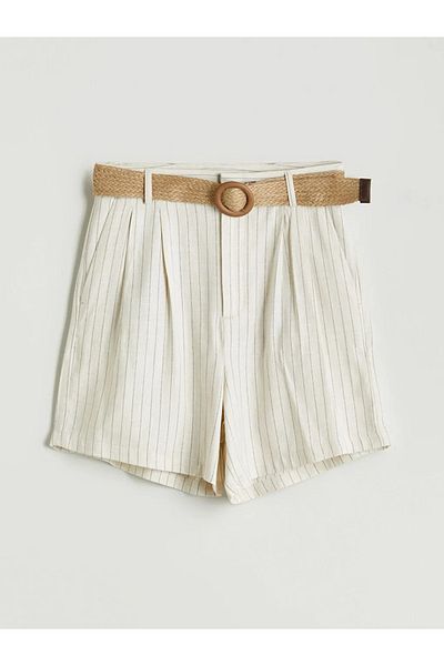 LC Waikiki Γυναικείο σορτς LCW Vision Beige με ριγέ λινό με ζώνη