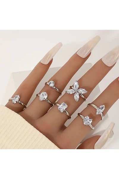 Takıtolia Iris Set of 7 Shiny Stone Stylish Design Multiple Silver Color Adjustable Butterfly & Teardrop Figured Ring Set