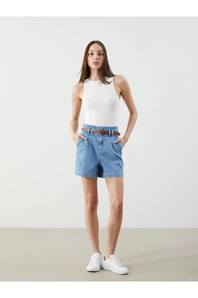 LC Waikiki LCW Jeans Indigo Paperbag cu centură în talie Pantaloni scurți de damă