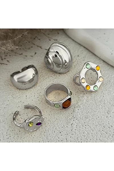 Takıtolia Zenya- Set of 5 Blue Orange Stone Stylish Design Vintage Multiple Silver Silver Bohemian Ring Set