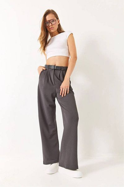 MetuCA Women's High Waist Oversize Loose Cut Pleated Belt Palazzo Imported Crepe Fabric Pants,