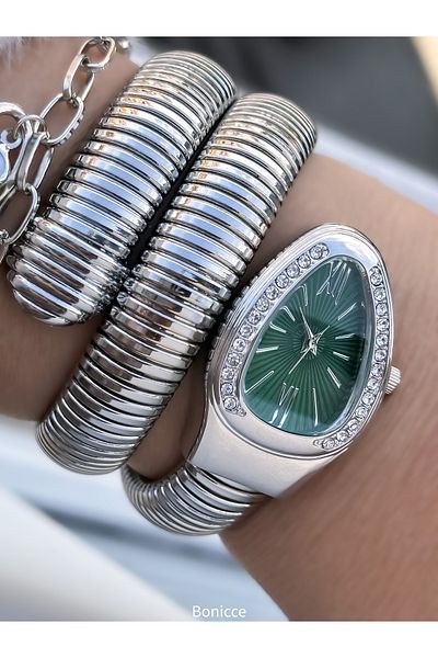 Bonicce Silver Green Stone Snake Model Women's Wristwatch Bracelet Evil Eye Beaded Bracelet in Special Gift Box