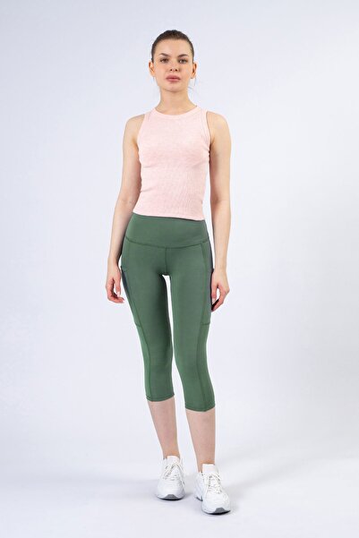 The Step Sports Snc Women's Green Pocket High Waist Tightening, Capri Yoga Leggings 19"