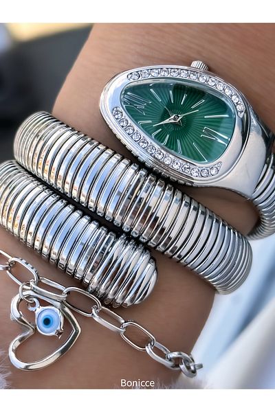 Bonicce Silver Green Stone Snake Model Women's Wristwatch Bracelet Evil Eye Beaded Bracelet in Special Gift Box
