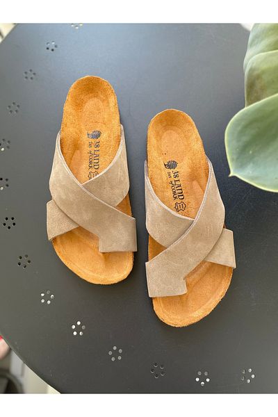 Land of Cork Anatomical Natural Cork Sole Taupe Flip Flops Suede Leather Women's Slippers