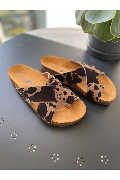 Land of Cork Anatomical Natural Cork Sole Cow Animal Suede Flip Flops Women's Slippers