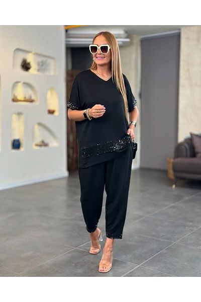 MetuCA Black Sequin Detailed Large Size Comfortable Set - Stylish and Casual Double Set