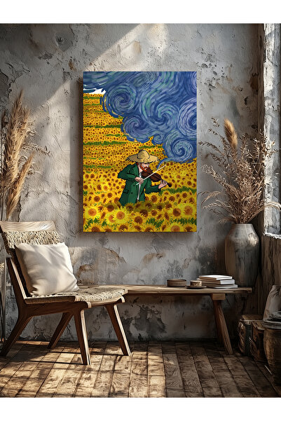 visdora Ay Çiçeği Tarlasında Keman Çalan Adam Ev Ofis Mutfak Salon Duvar dekorasyon Kanvas Tablo