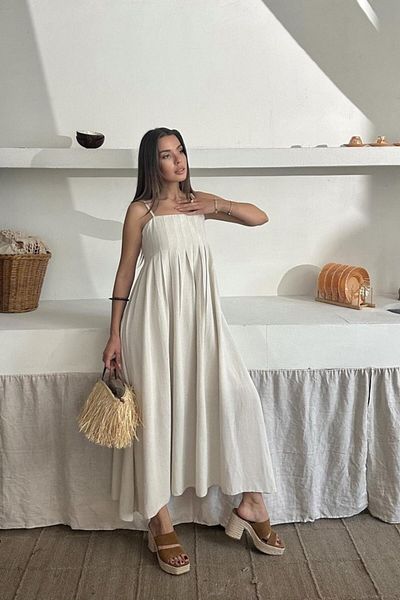 KAZAK Beige Strappy Pleated Linen Dress