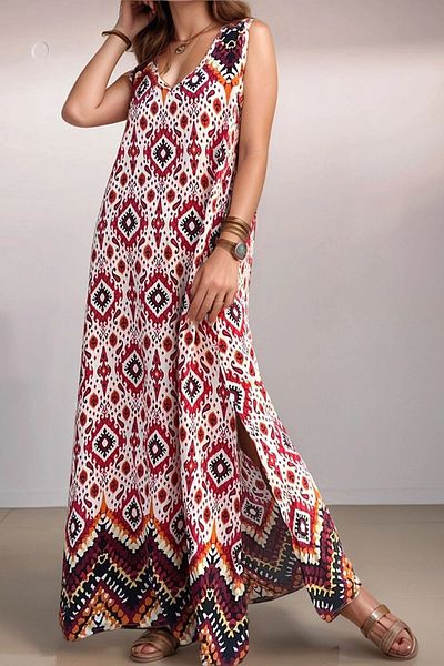 bacc Women's Red V-Neck Long Slit Waterway Casual Dress Bcbsk-25700-3650