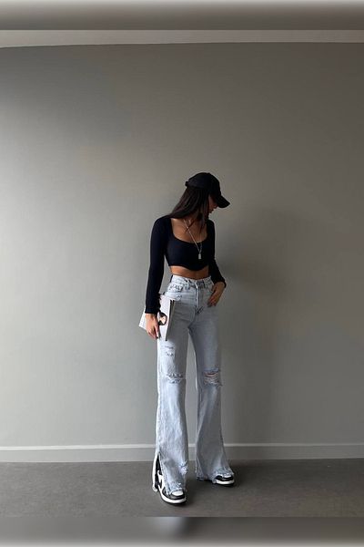Harmony Ice Blue Laser Detailed Premium Washed Wide Leg Jeans