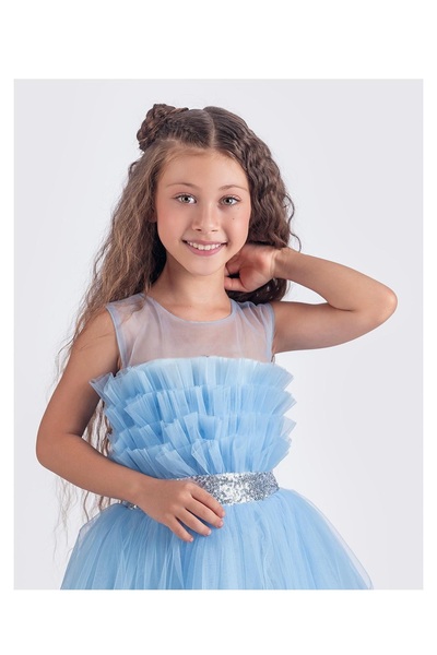 Mnk Baby&Kids Sapes Model Sırt Gipeli Tüllü Kız Çocuk Askılı Saten Abiye MNK0618 BEBE MAVİ