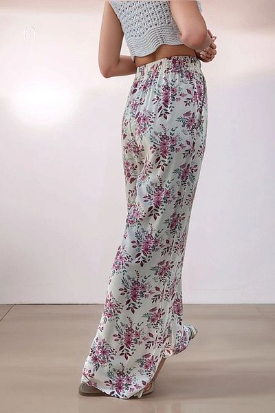 bacc Women's Dusty Rose Elastic Waist Pocket Patterned Loose Cut Trousers Bcbsk-25700-3644